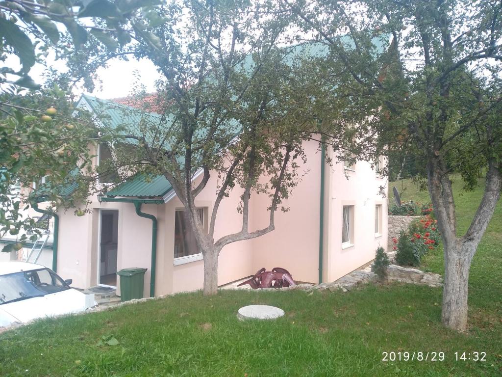 Uma casa cor-de-rosa com um cavalo à frente. em Apartments & Rooms Bojic em Kolašin