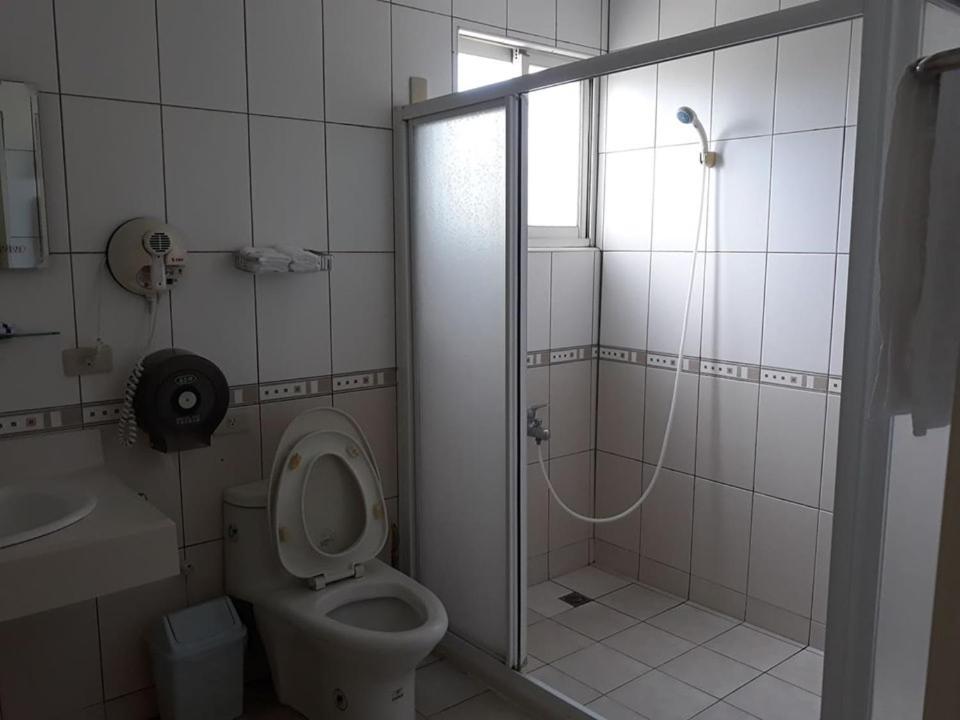 a bathroom with a shower and a toilet and a sink at Star 101 Guest House in Taitung City