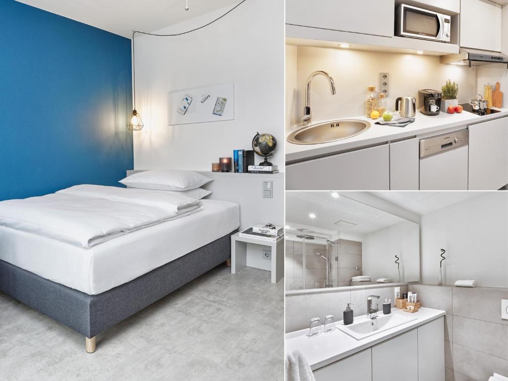 2 fotos de un dormitorio con cama y lavabo en H.ome Serviced Apartments München, en Múnich