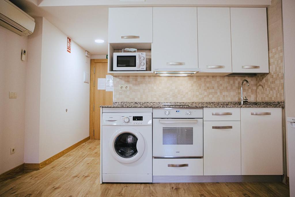 a kitchen with a washing machine and a microwave at Apartamentos Ducay in Olite