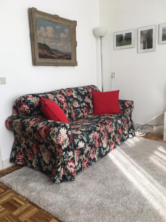 格羅寧根的住宿－Pied à Terre Oostersingel UMCG，客厅里配有红色枕头的沙发