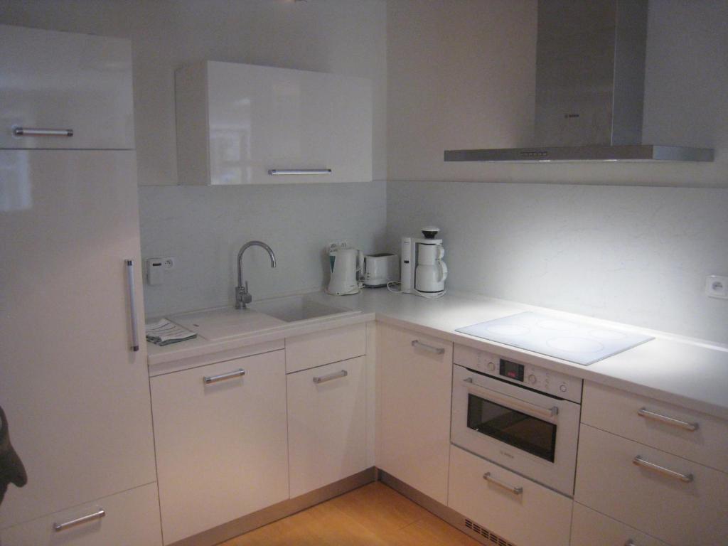 eine kleine Küche mit weißen Schränken und einem Waschbecken in der Unterkunft Apartment Mathis & MTB-garage in Jáchymov