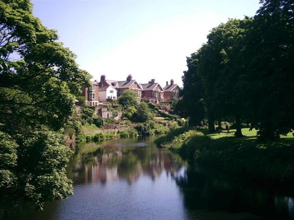 Un río con casas en medio de una ciudad en Riverside Guest House, en Morpeth