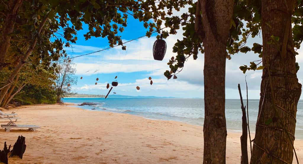 a beach with a bunch of trees and the ocean at Vung Bau Resort in Phú Quốc