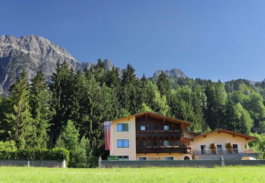 uma casa grande em frente a uma montanha em Energiepension Schwaiger em Leogang