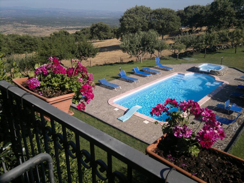 a view of a pool with chairs and flowers on a balcony at Agriturismo Francadu in Santu Lussurgiu