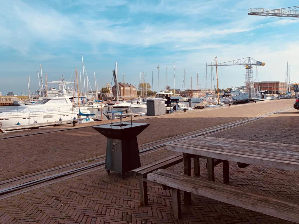 een houten bank naast een jachthaven met boten bij BBDeRijkswerf in Den Helder