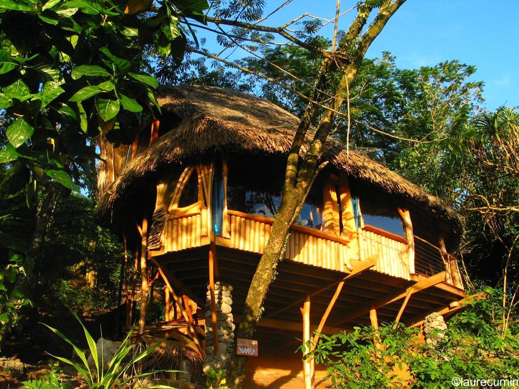 una casa en el árbol con techo de paja en Vanira Lodge en Teahupoo