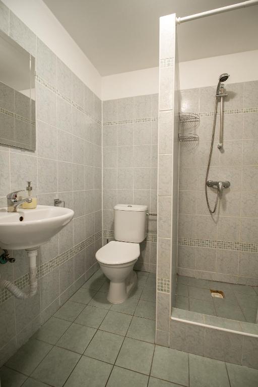 łazienka z toaletą, umywalką i prysznicem w obiekcie Penzion Vědomice w mieście Vědomice