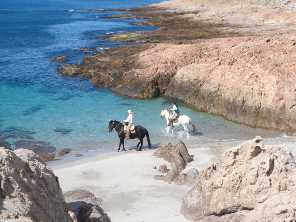 dwoje ludzi jeżdżących konno na plaży w pobliżu wody w obiekcie Bahia Bustamante Lodge w mieście Bahía Bustamante