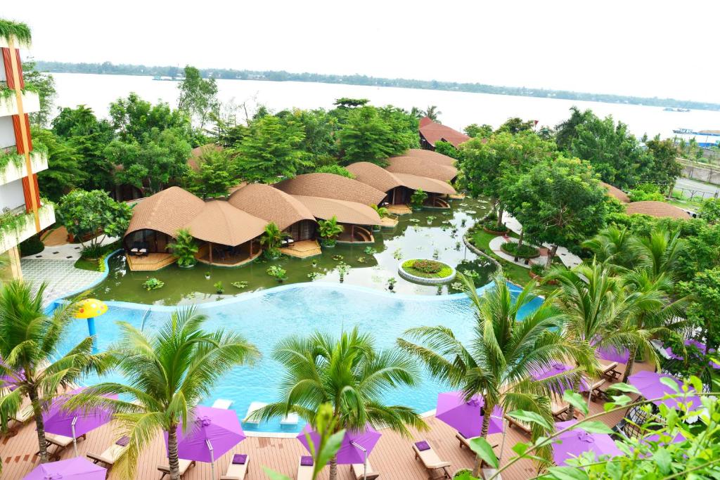 an aerial view of a resort with a swimming pool at Con Khuong Resort Can Tho in Can Tho