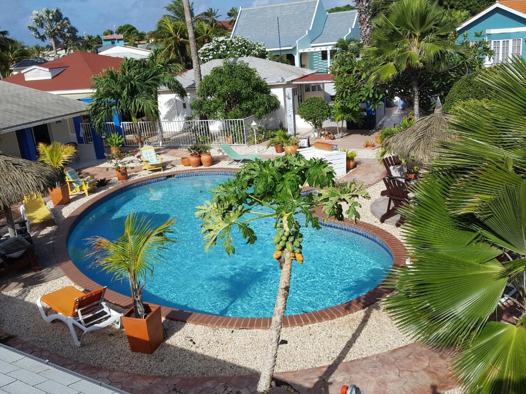 an overhead view of a swimming pool with palm trees at Hacienda Wayaca Apartments in Wayaca