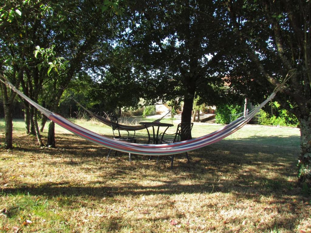 a hammock hanging from a tree in a park at La Merise Gite in Villefranche-dʼAlbigeois