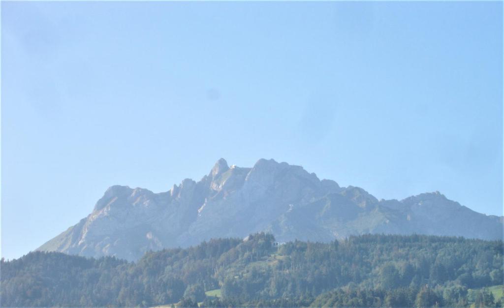 uma montanha à distância com árvores em primeiro plano em Lucerne Apartment Mount Pilatus em Lucerna