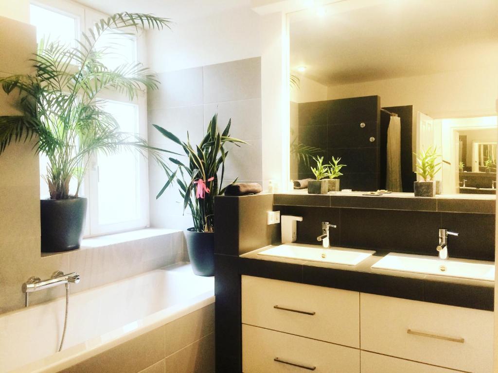 ein Badezimmer mit zwei Waschbecken und zwei Topfpflanzen in der Unterkunft Apartment in Pempelfort - Central in Düsseldorf