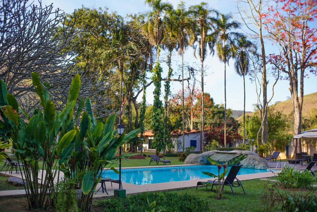 a swimming pool in a yard with palm trees at Hotel Fazenda Bela Riba in Barrinha