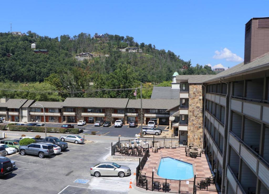 arial view of a parking lot in front of a hotel at Howard Johnson by Wyndham Downtown Gatlinburg in Gatlinburg