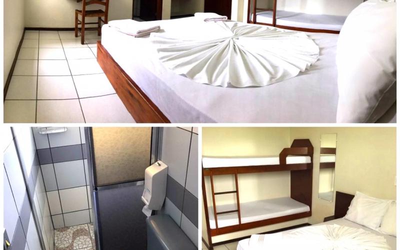 2 fotos de una habitación con cama y baño en USCEESP Itanhaem, en Itanhaém