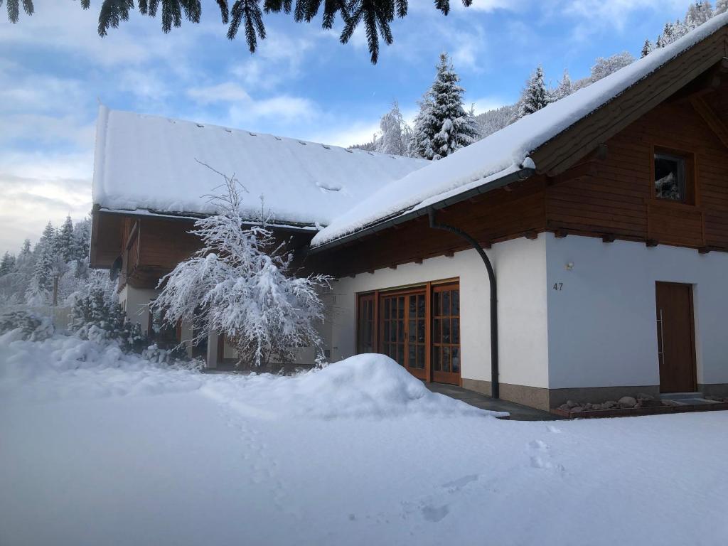 ein Haus mit Schnee auf dem Dach in der Unterkunft Jované in Bad Kleinkirchheim