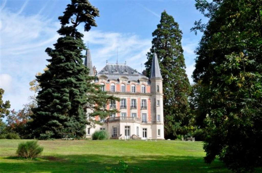 una casa grande en un campo con dos árboles en Château de Bel Ebat, en Nozay