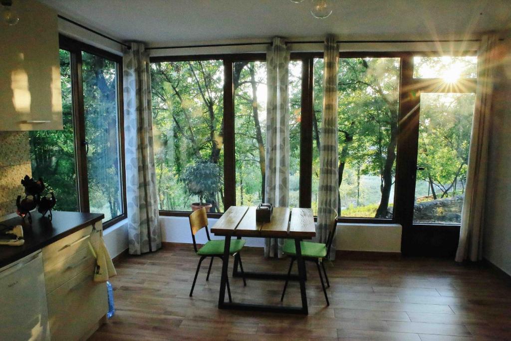 a dining room with a table and chairs and large windows at Donkey Farm Martinici - Farma magaraca Martinici in Danilovgrad