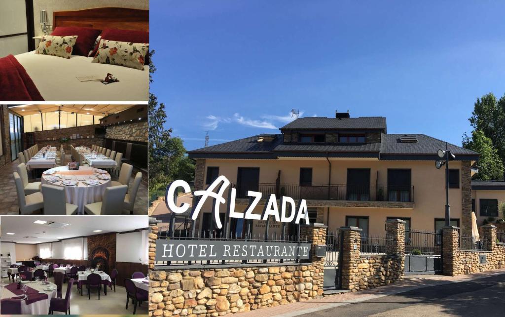 un collage de fotos de un hotel y un restaurante del hotel en Hotel Calzada en Arcos