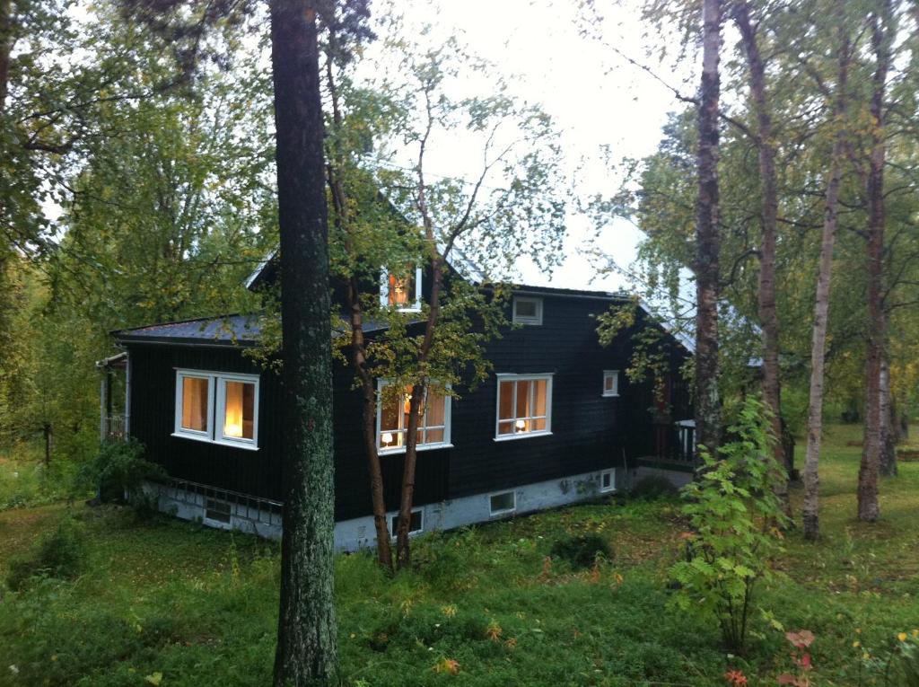 una casa negra en medio del bosque en Birk Husky - guesthouse & cabins, en Svanvik