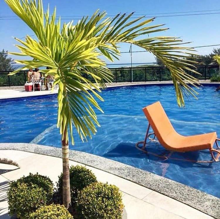 a chair sitting next to a palm tree next to a swimming pool at Apto 3 quartos Frente para o Mar in Arraial do Cabo