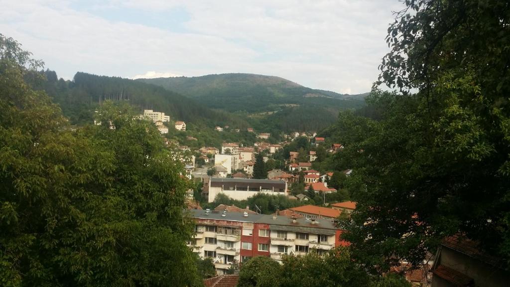 - une vue sur une ville avec des montagnes en arrière-plan dans l'établissement Трънската къща, à Trŭn