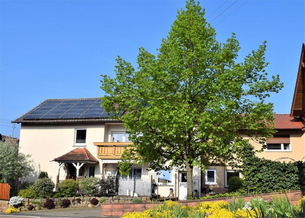 uma casa com painéis solares no telhado em Ferienwohnung auf dem Dorf, Külsheim em Külsheim