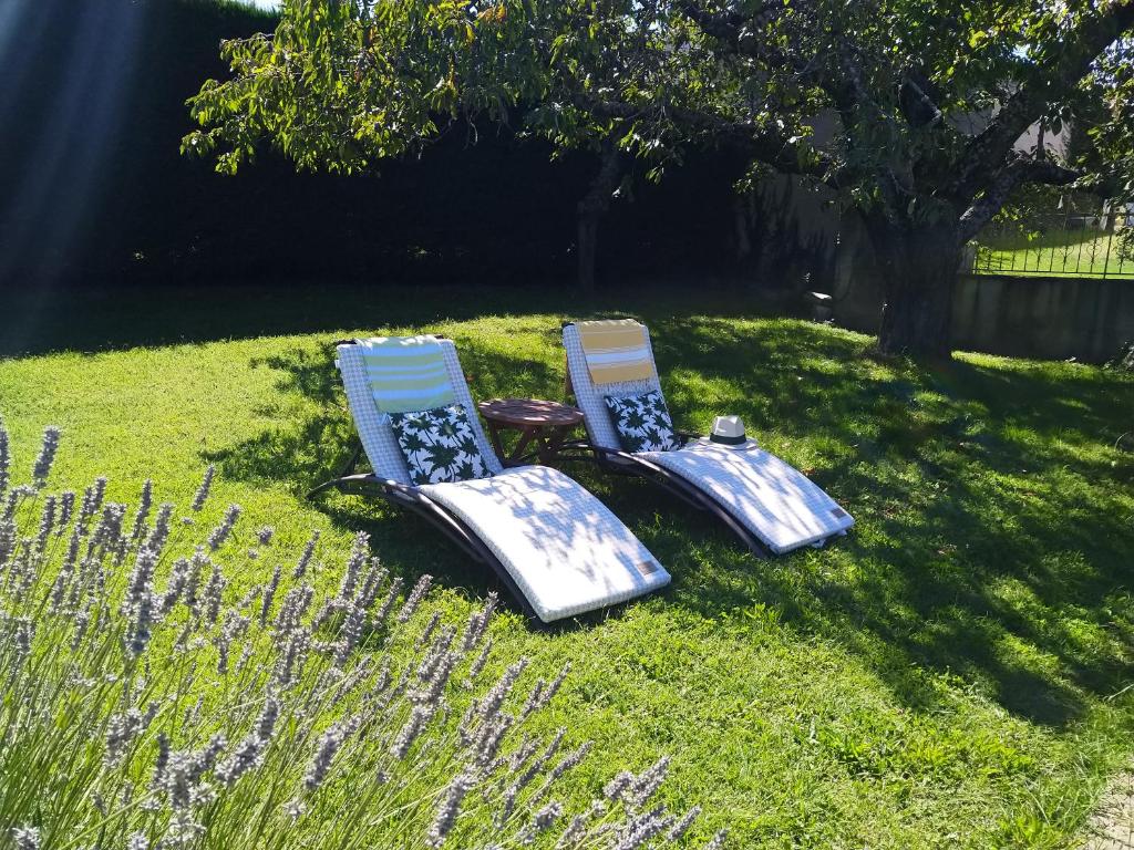 two beach chairs sitting on the grass in a yard at Les Bessonnes in Saint-Georges-Haute-Ville
