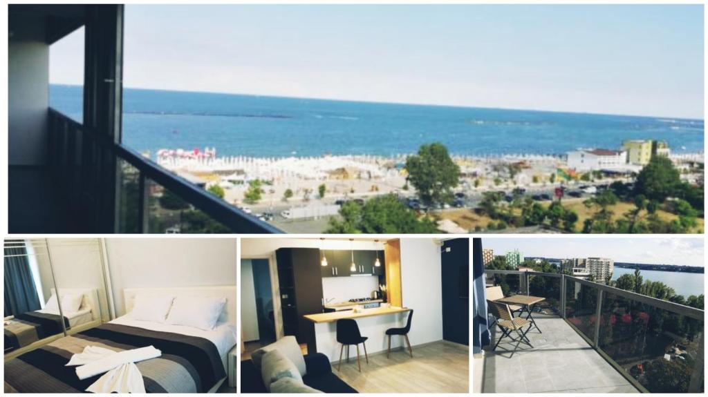 a hotel room with a bed and a balcony with the ocean at Inima Mamaia LuxyMar 2 Apartment in Mamaia