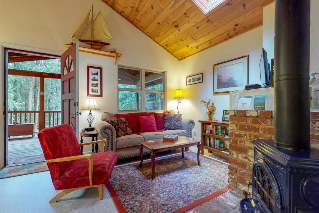 a living room with a couch and a fireplace at Tree Top View Cabin in Felton