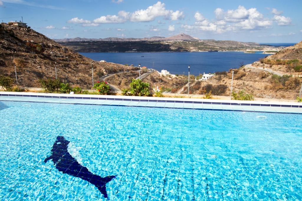 a dolphin swimming in a pool with a view of the ocean at Villa Alkyon in Megála Khoráfia
