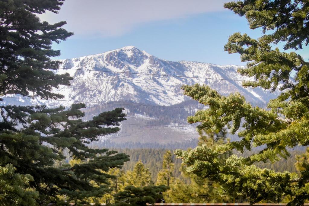 a snow covered mountain with trees in the foreground at House on Cold Creek in South Lake Tahoe