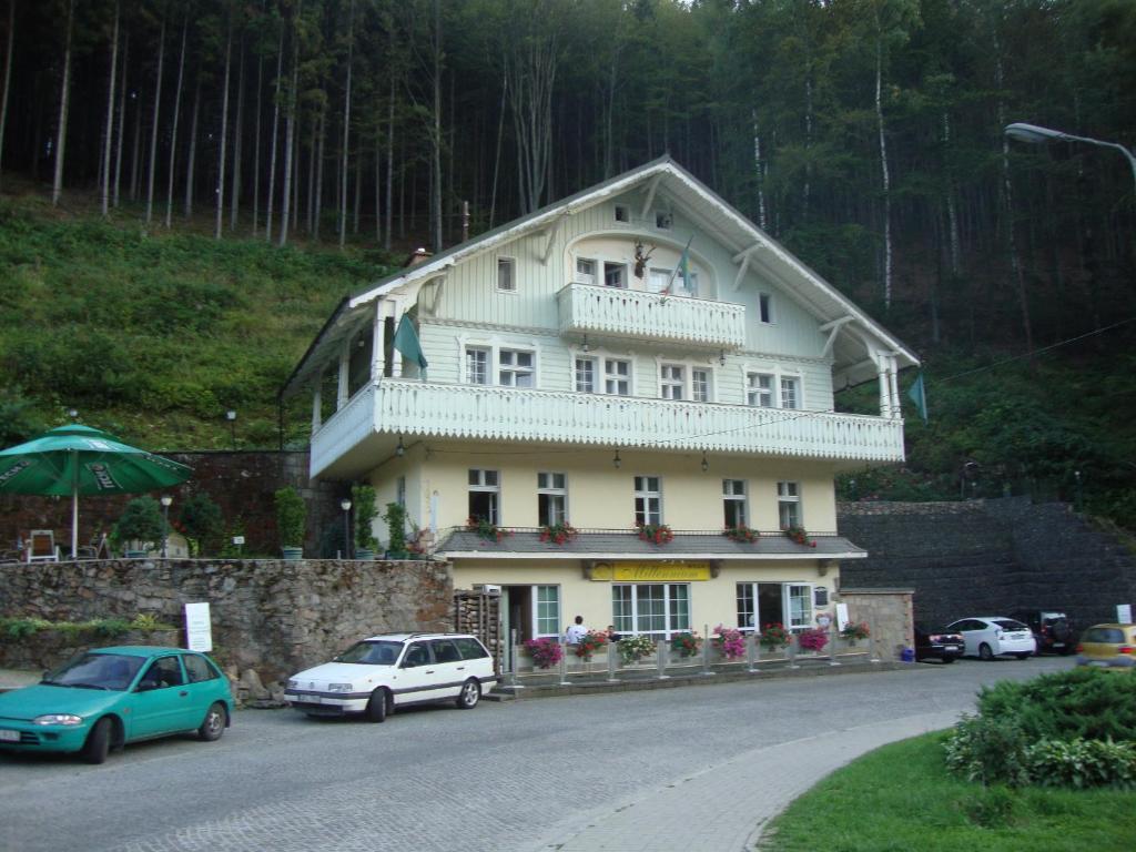 a large white house with cars parked in front of it at "Willa Millennium" in Miedzygorze