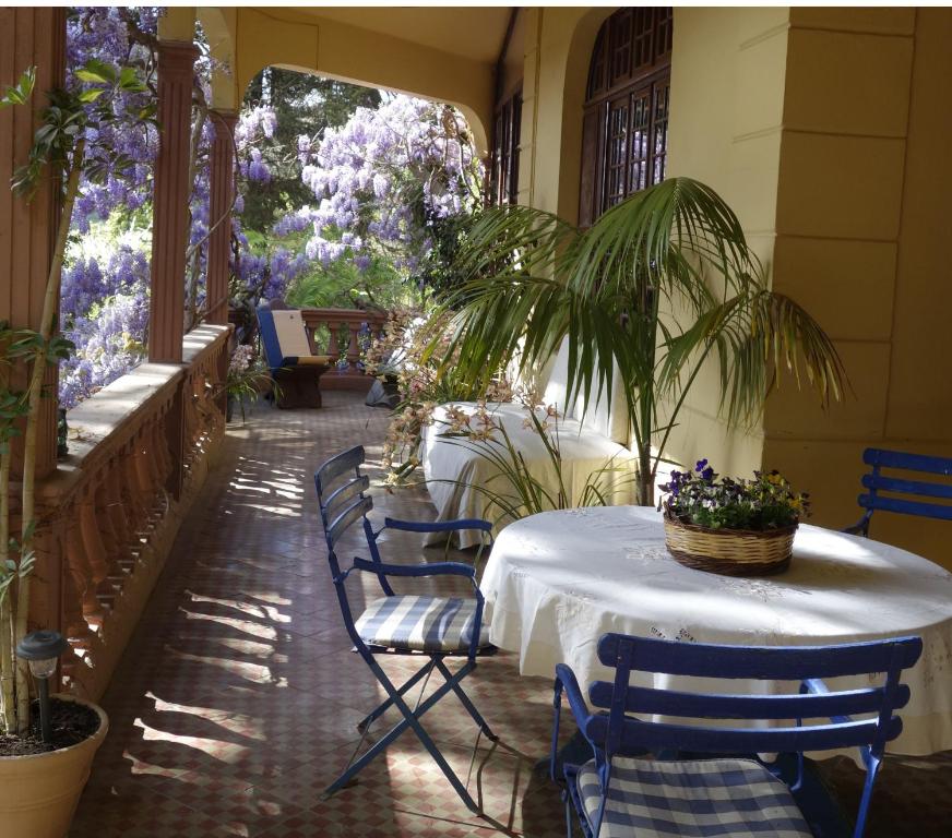 una mesa con mantel blanco y sillas azules en Casa rural estilo Vintage en Santa Brígida