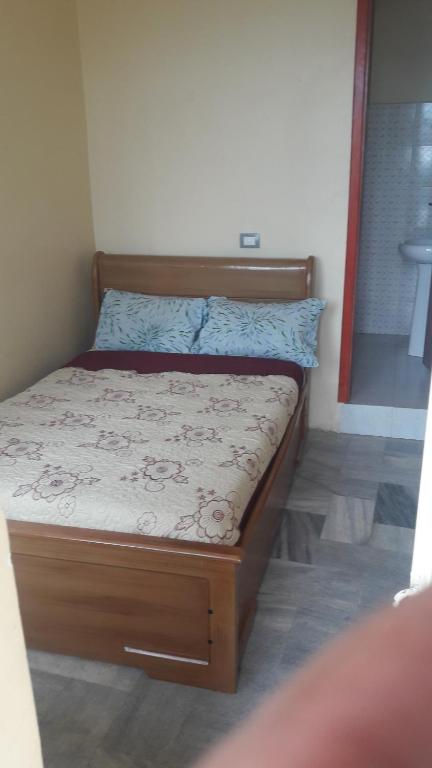 1 dormitorio con 1 cama con marco de madera en Birhan Villa, en Addis Ababa