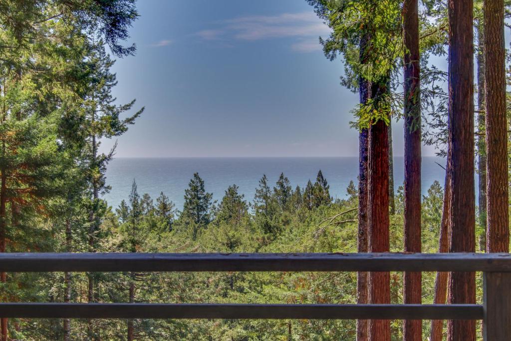 una vista sull'oceano attraverso gli alberi di The Redwood House a Fish Rock