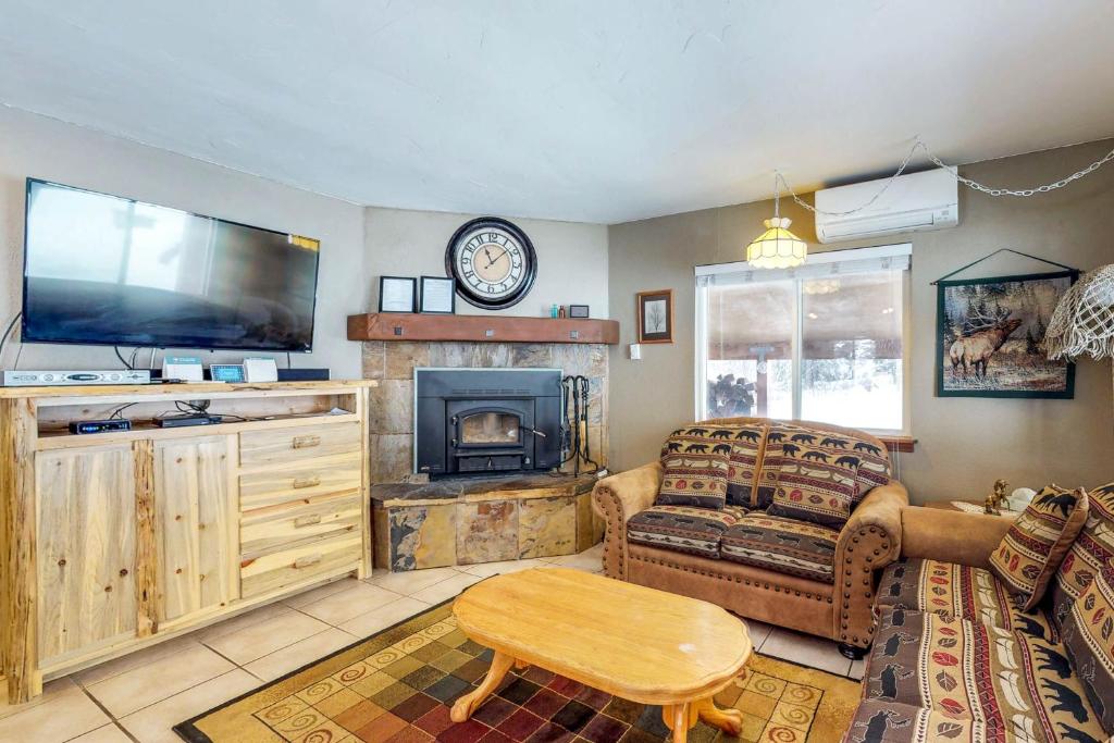 Una sala de estar con un sofá y una chimenea. en Karro Kampos, en McCall