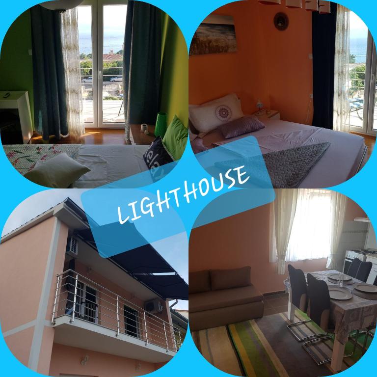 un collage de quatre photos d'une chambre et d'un phare dans l'établissement LIGHTHOUSE, à Novi Vinodolski