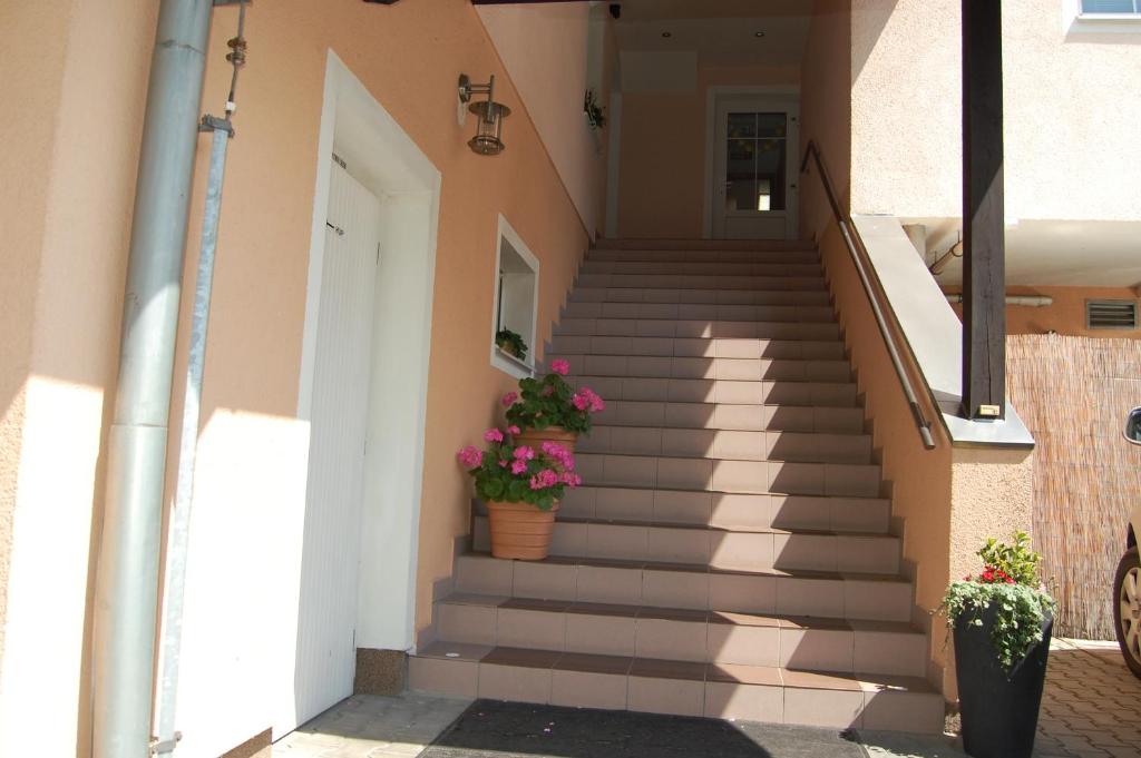 a set of stairs with potted plants on them at Pension Janka Kdyně in Kdyně