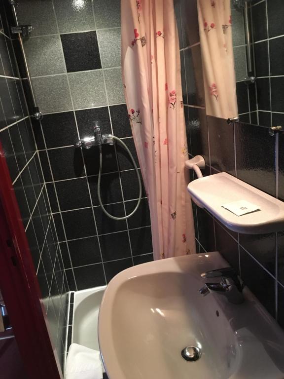 a bathroom with a sink and a shower with a sink at Auberge du Tisserand in Gommersdorf