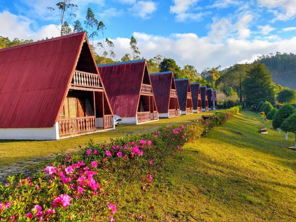 a row of houses with red roofs and pink flowers at Estância das Nascentes in Salesópolis