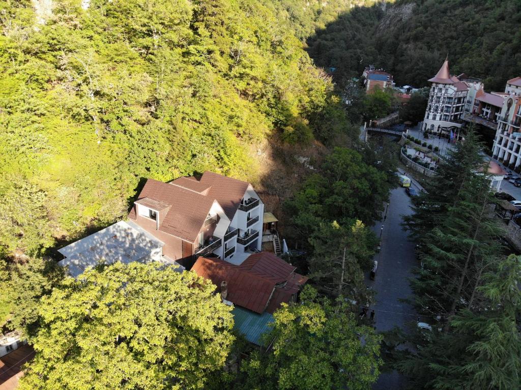 an aerial view of a house in the middle of a forest at Borjomi UnderWood in Borjomi