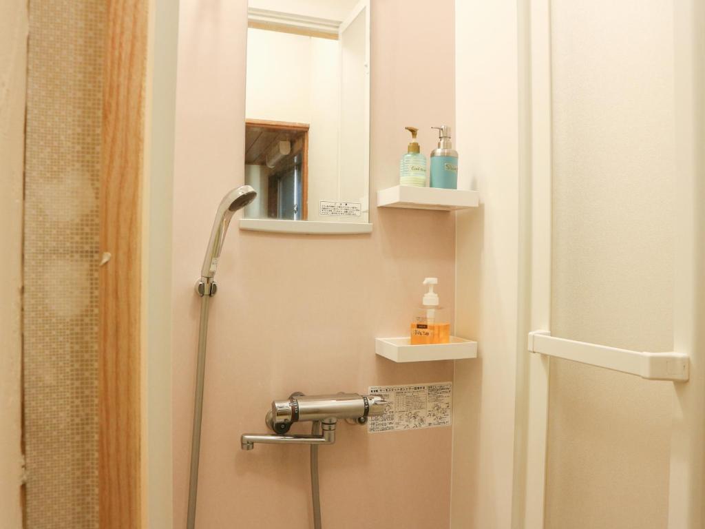a bathroom with a shower with a sink and a mirror at Guest House Minato in Miyako