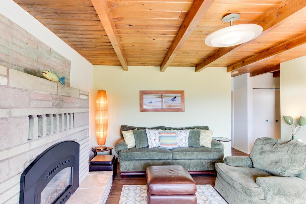 a living room with a couch and a fireplace at Aspen Sky in East Hope