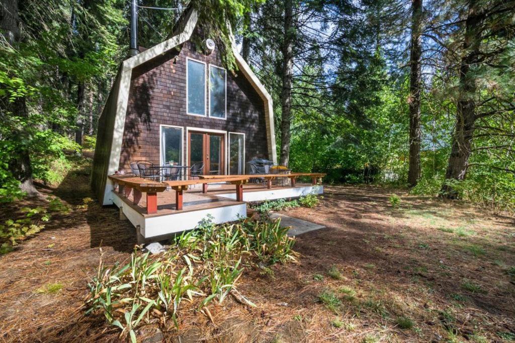 a tiny house in the woods with a deck at Nason Creek Cabin in Nason Creek