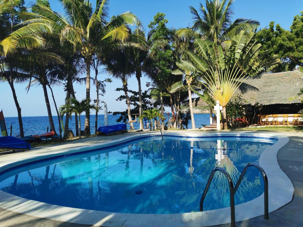 una piscina con palmeras y el océano en Lazi Beach Club Resort, en Siquijor