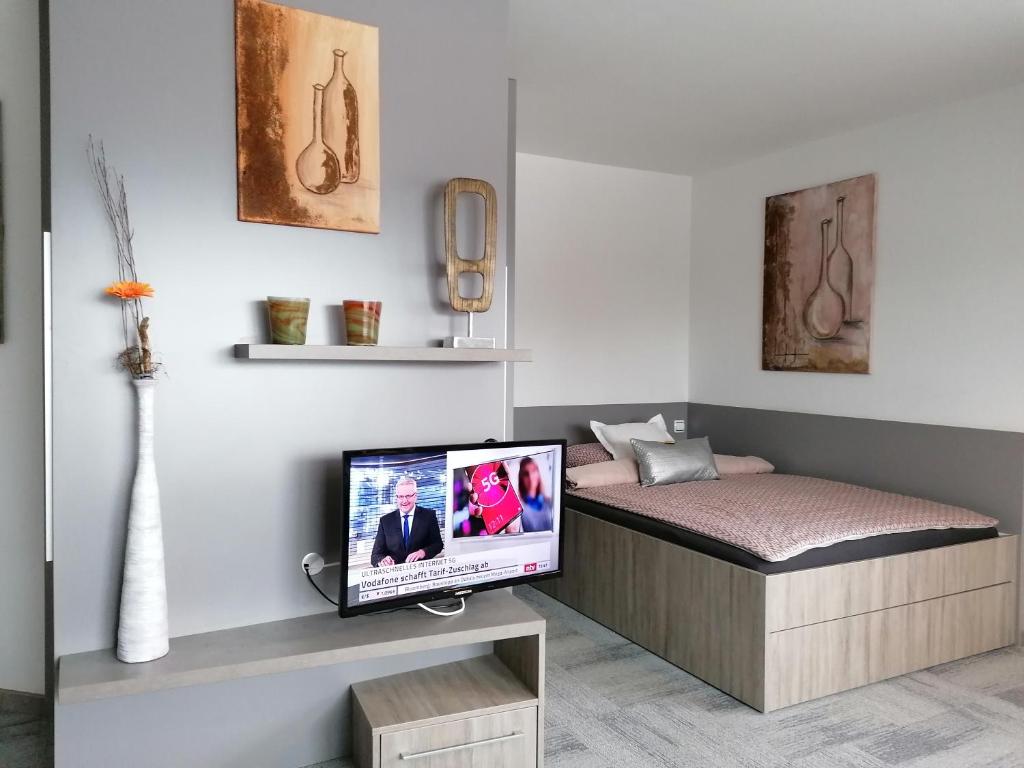 a bedroom with a bed and a tv in a room at Business Apartments in Hohenems